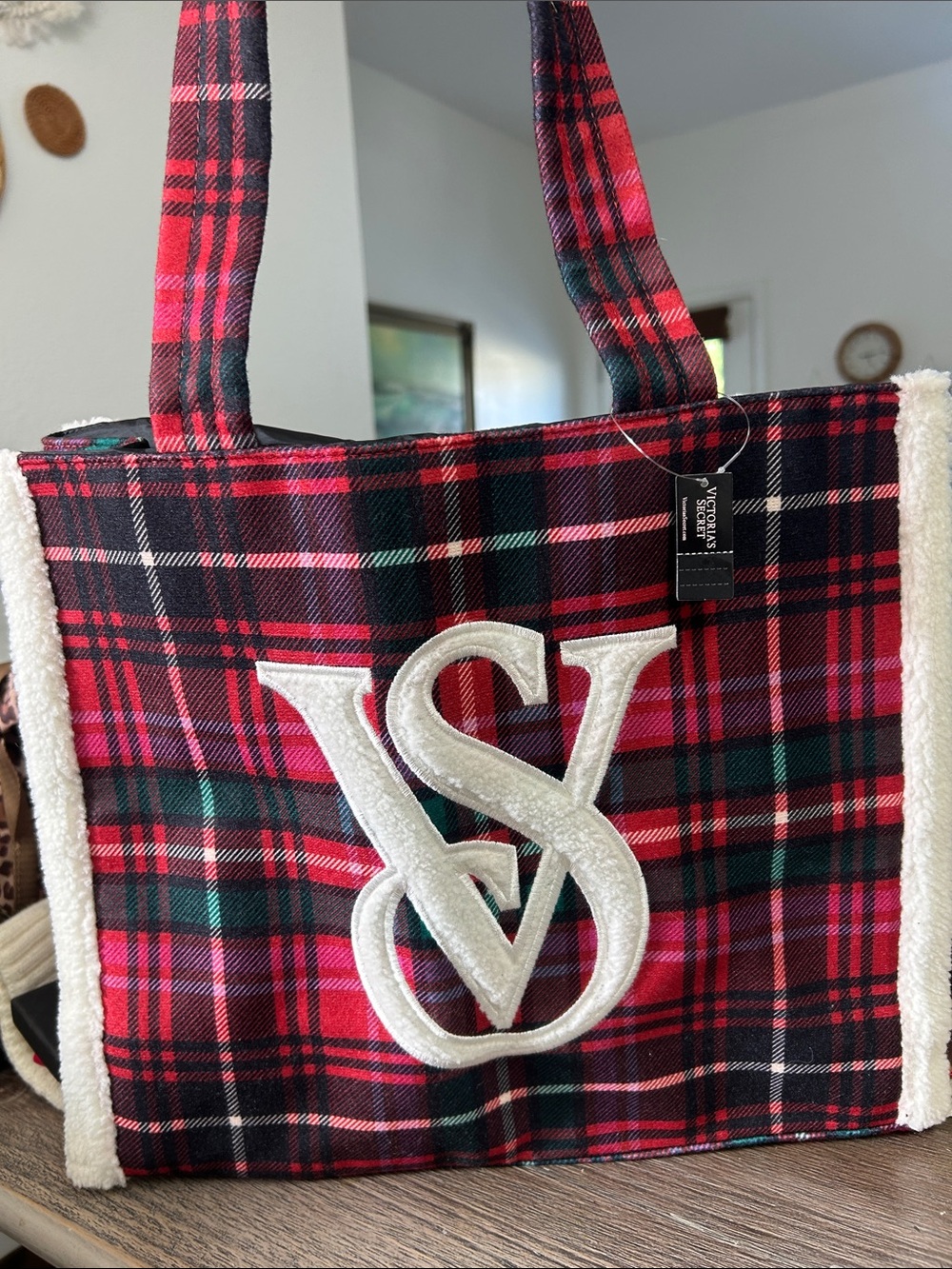 Victoria's Secret Red and Black Plaid Tote with White Shearling VS Logo
